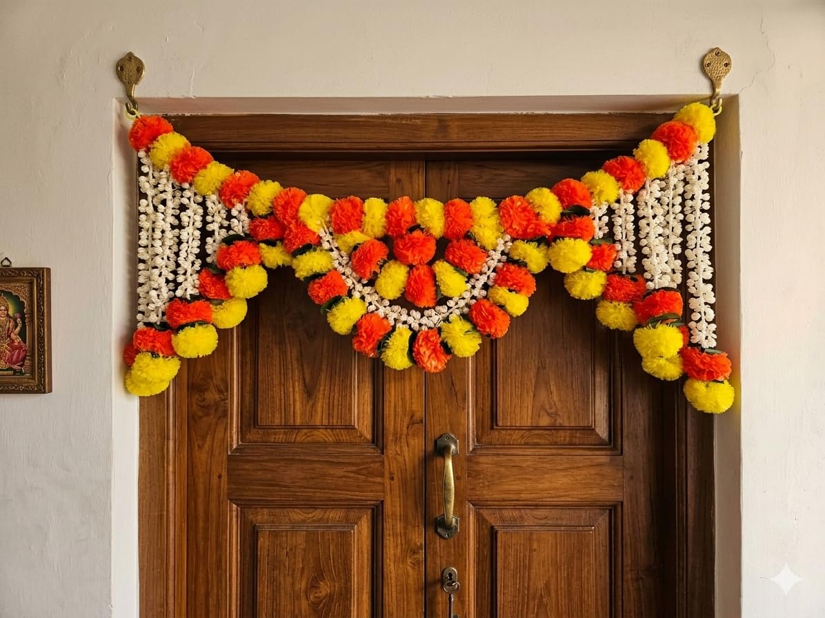 SellplusHandcrafted Artificial Multicolour Genda Flower and Green Leaf Bandhanwar Decorative Door Hanging Toran for Main Entrance | Pack of 1 (BDHW194)