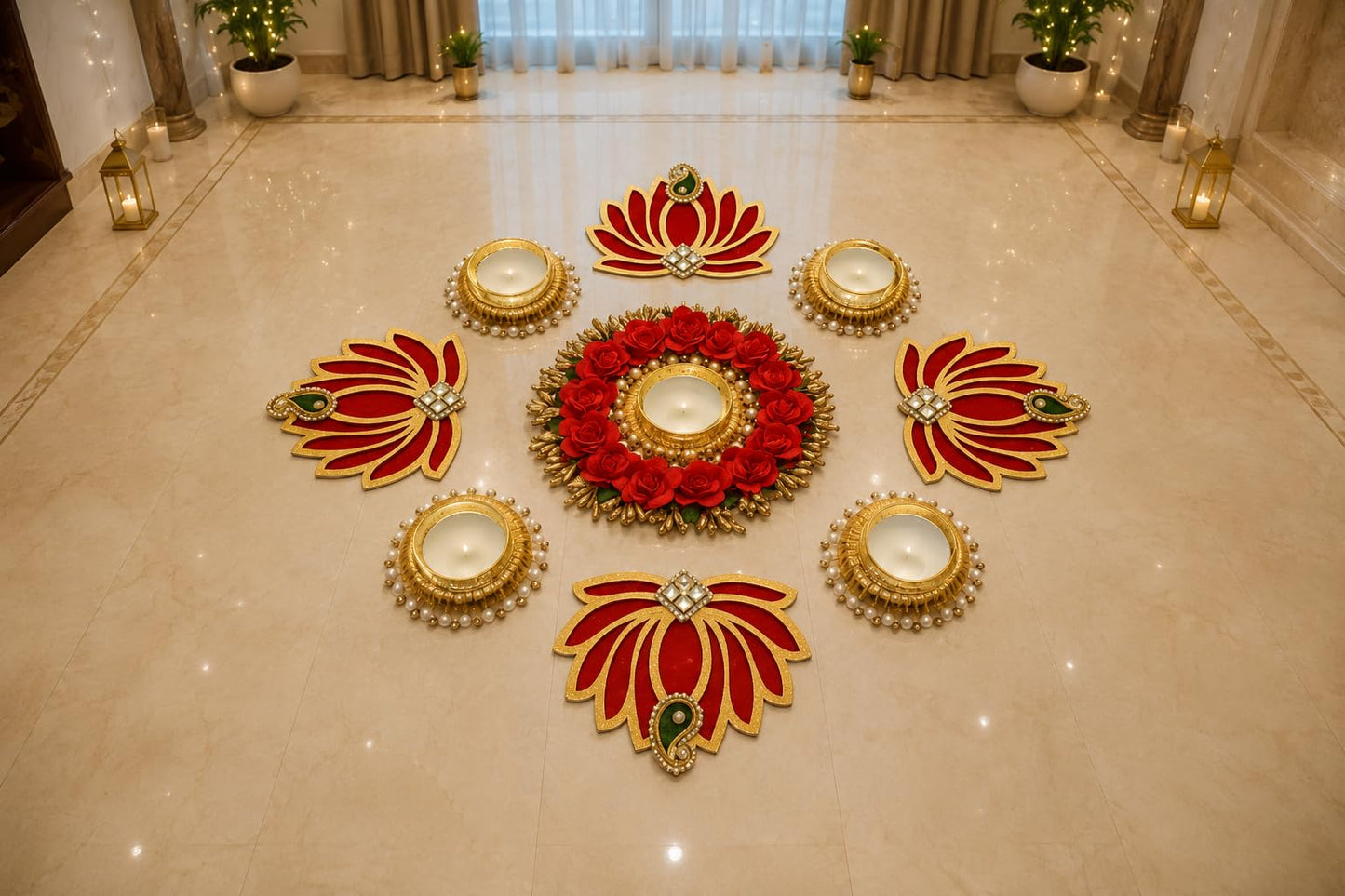 Sellplus Decorative Floral Rangoli Tealight Holder Traditional Festival Floor Decor for Diwali Pooja Home Entrance Living Room Decoration Reusable Design (Rang132)
