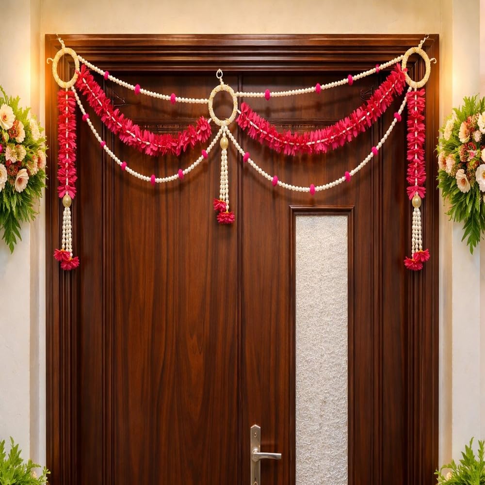 Sellplus Handmade Red Fabric Beads Bandhanwar | Decorative Bandhanwar for Main Door Hanging Traditional Festive Home Entrance Pooja Decoration | Pack of 1 (BDHW126)