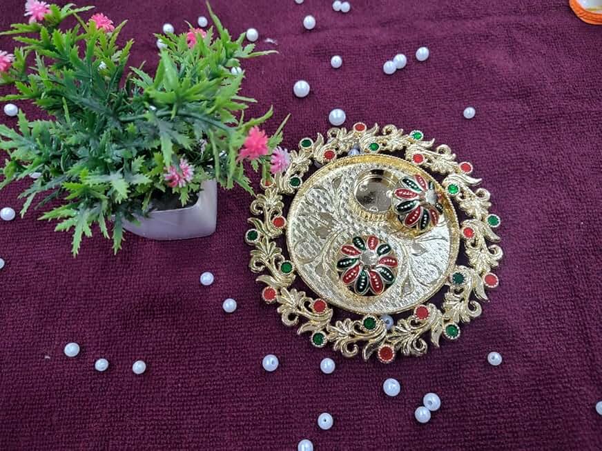 Sellplus Round Shape Flower Decorative Traditional Pooja Plater, Sindoor Dibbi for Rakhi Rakshabandhan, Tilak with Kumkum,Haldi Holder Decorative Plater (1)