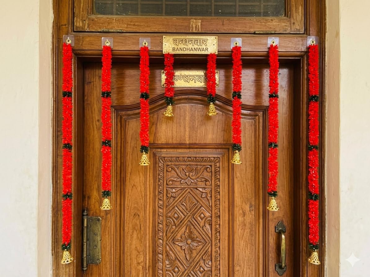 SellPlus Decorative Red Fabric gajra Leaf Bell Bandhanwar for Home Decoration and Festival Decor Parfect for Wedding and Pooja Festival Special Occasions (BDHW238.3)
