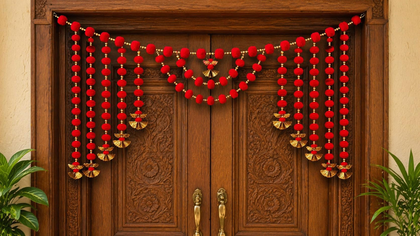 Sellplus Decorative Handcrafted Pom-Pom Beads Bandhanwar | Traditional Jaal Chudi Bell Pom-Pom Multicolour Bandhanwar for Main Door Decoration (Pack of 1) (BDHW433-1 (Red))