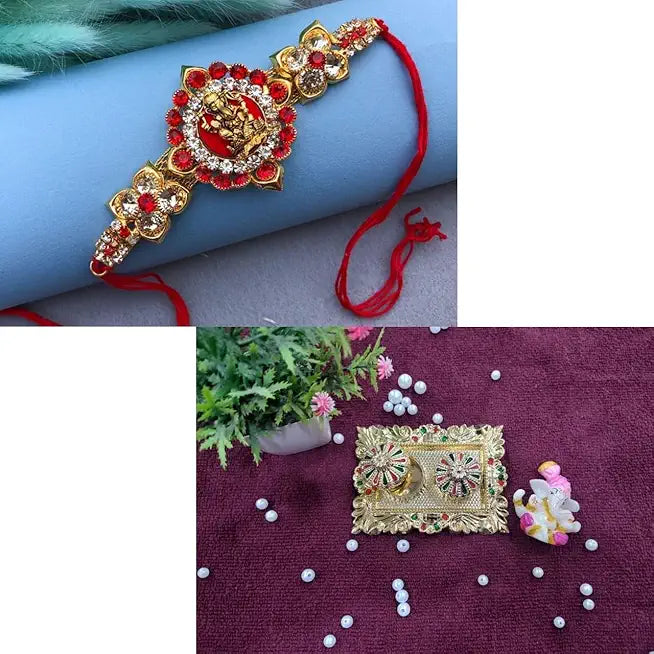Decorative Rakhi with Pooja Thali, Gold-Plated Pooja Plate for Rakshabandhan for Brother, Traditional Festival (Design04)