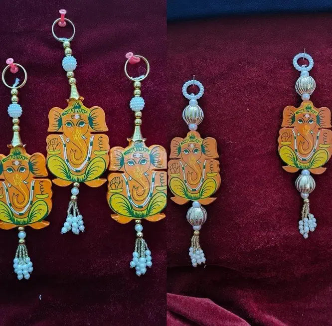 Nutts Handmade Lord Ganesha Wooden Hanging | Beads Tassel Hanging for Home Entrance | Pack of 2 (SMALL31)