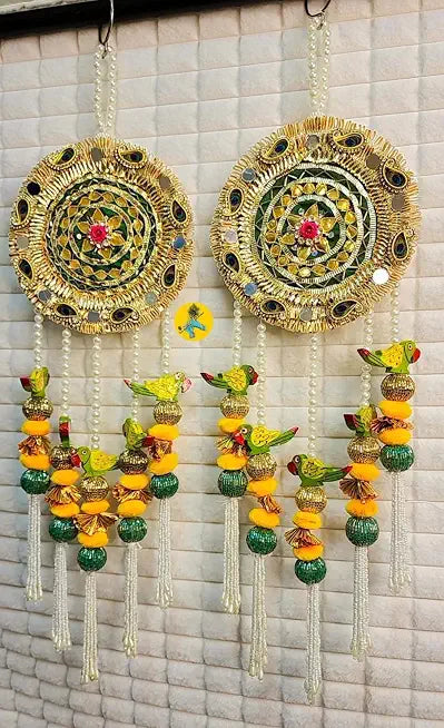 Nutts Handmade Peacock Bird Wall Hanging Decorative | Beads & Pom Poms Hanging for Home Decorations Pack of 2 (SMALL48-3)