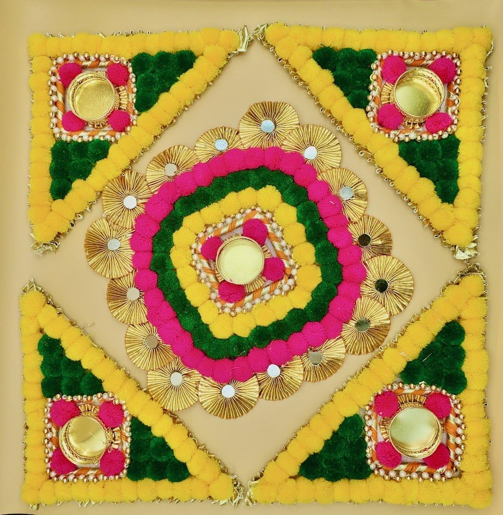 Decorative Rangoli Set with Tealight Holder | Diwali Gift Diya | Decoration for Home | Office | Pooja | Diwali & All Special Festival Decor | Multi Pom Pom Gota Chakri Mat Rangoli Tealight (Rang198)