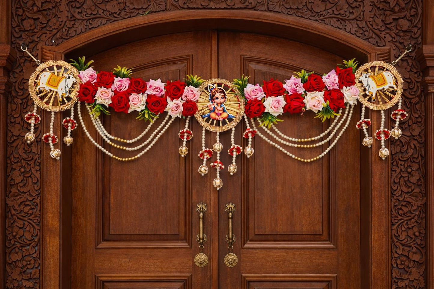 Sellplus Traditional Handmade Divine Artificial Flower Bandhanwar | Decoartive MDF Kanha Ji Pichwai Cow Beads Bandhanwar for Main Door Entrance and Welcoming Area (Pack of 1) (BDHW350)