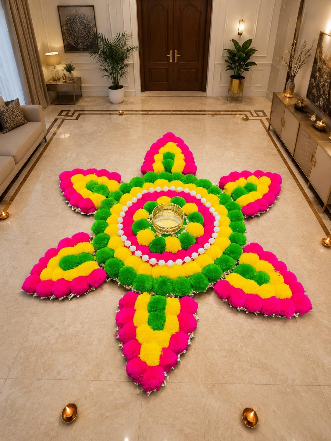 Sellplus Traditional Rangoli Tealight Set Decorative Festival Floor Decor for Diwali Navratri Pooja Wedding Home Entrance Reusable Elegant Design Set of 1 (Rang144)