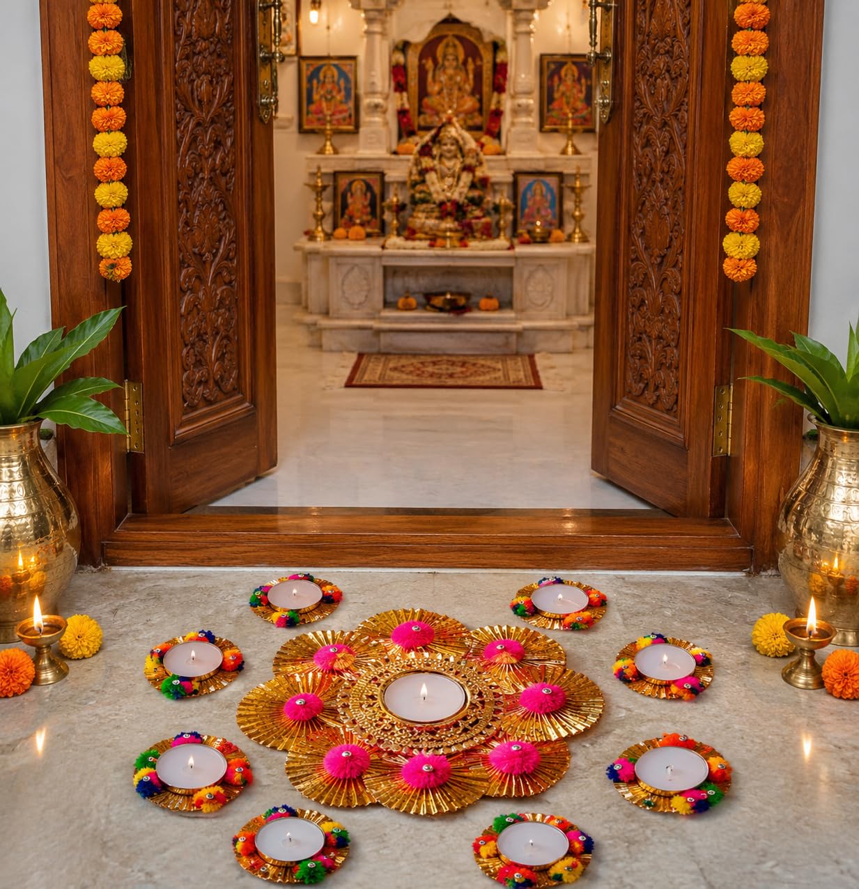 Sellplus Decorative Rangoli Tealight Holder Traditional Festival Floor Decor for Diwali Pooja Home Entrance Living Room Wedding Celebration Set of 1 (Rang124)