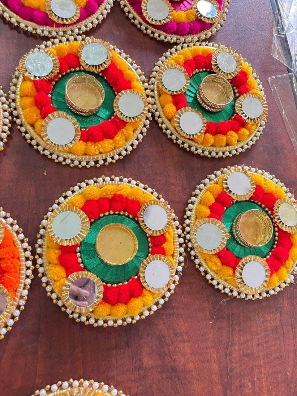 Sellplus Decorative Pom Pom Tealight Holder | Decoration for Home | Office | Diwali | Pooja | Diwali & All Special Festival Decor (Tealight-179) (Pack of 2)