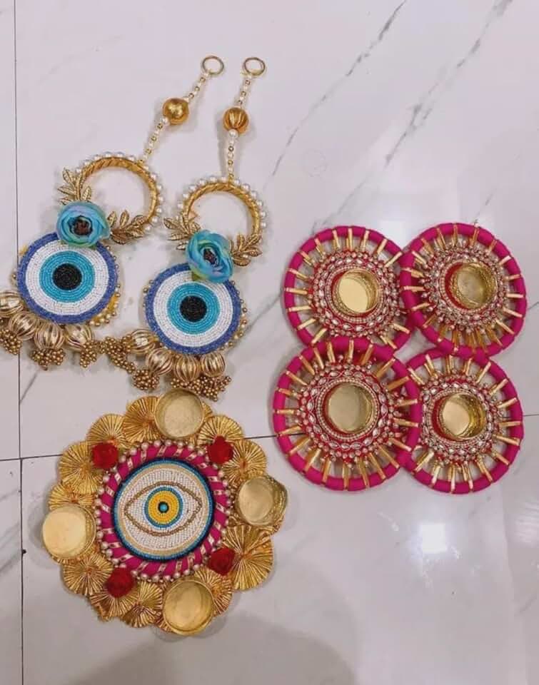 Handcrafted Evil Eye Hanging with Rangoli Tea Light for Positive Energy and Good Luck Decoration for Home