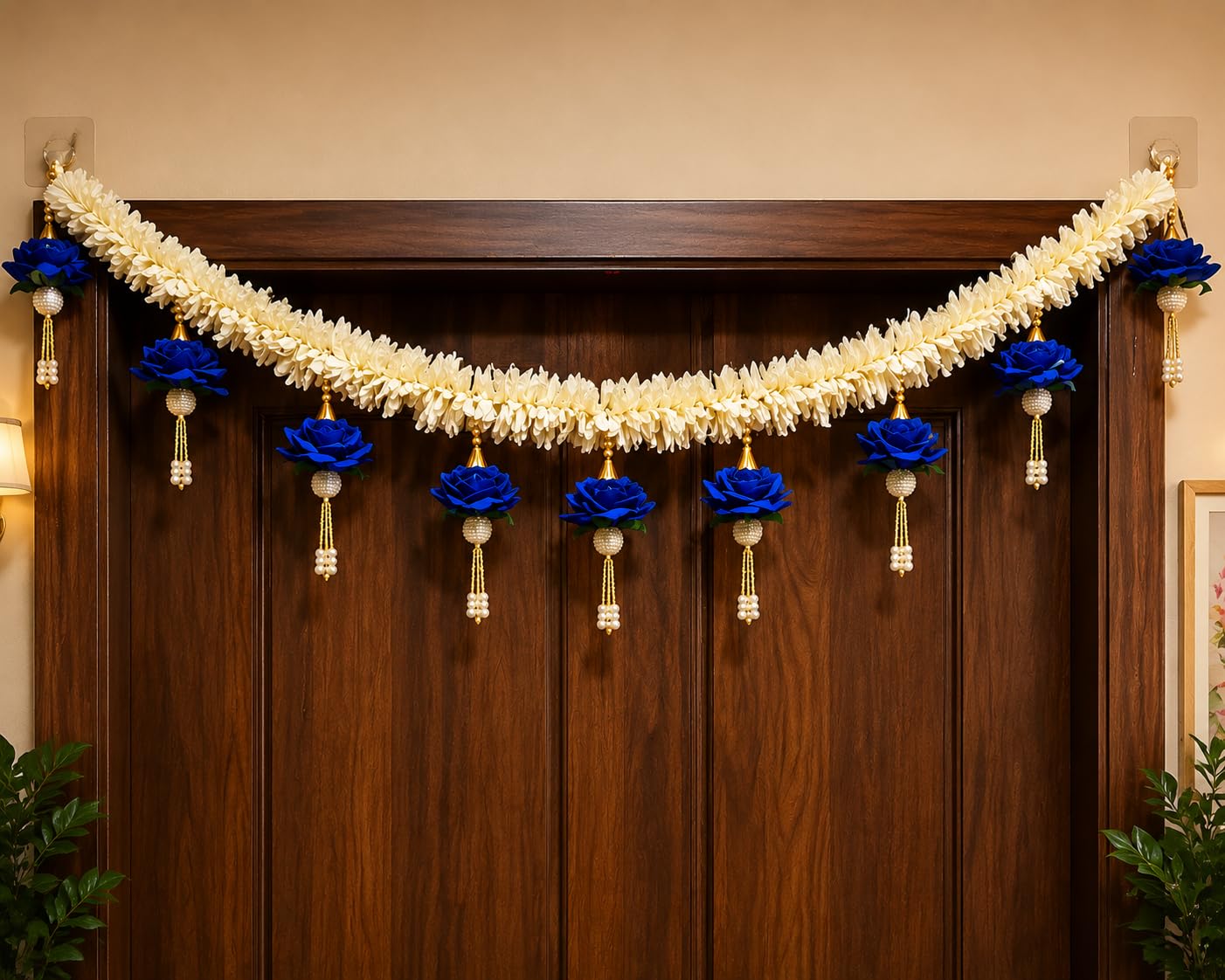 Sellplus Handcrafted White Paper Gajra Flower Garland Bandhanwar with Blue Artificial Velvet Rose Pearl Latkan Decorative Door Hanging for Main Entrance | Pack of 1 (BDHW247-2 (Blue))