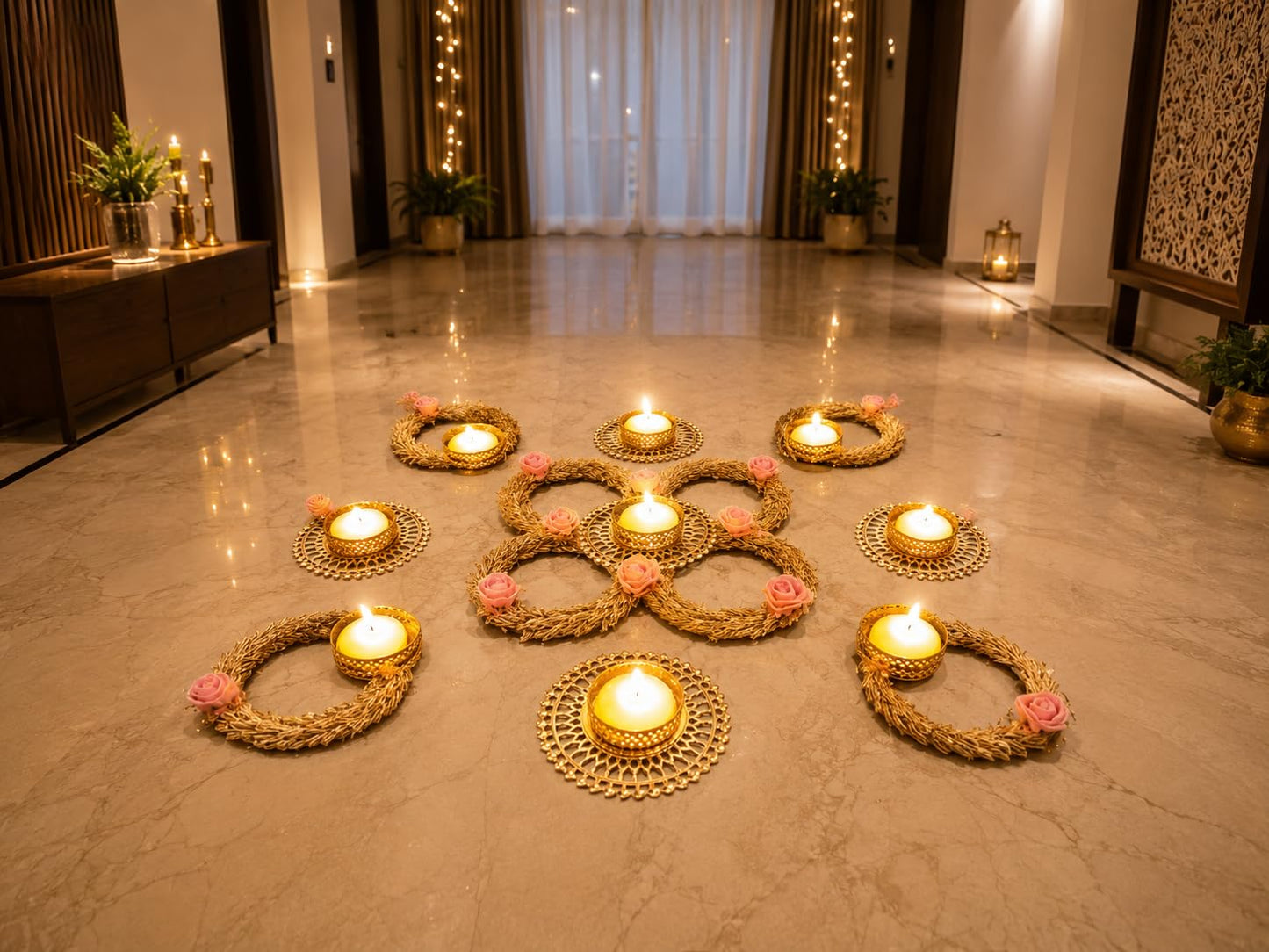 Sellplus Decorative Floral Rangoli Tealight Holder Traditional Festival Floor Decor for Diwali Pooja Home Entrance Living Room Decoration Reusable Design (Rang131)