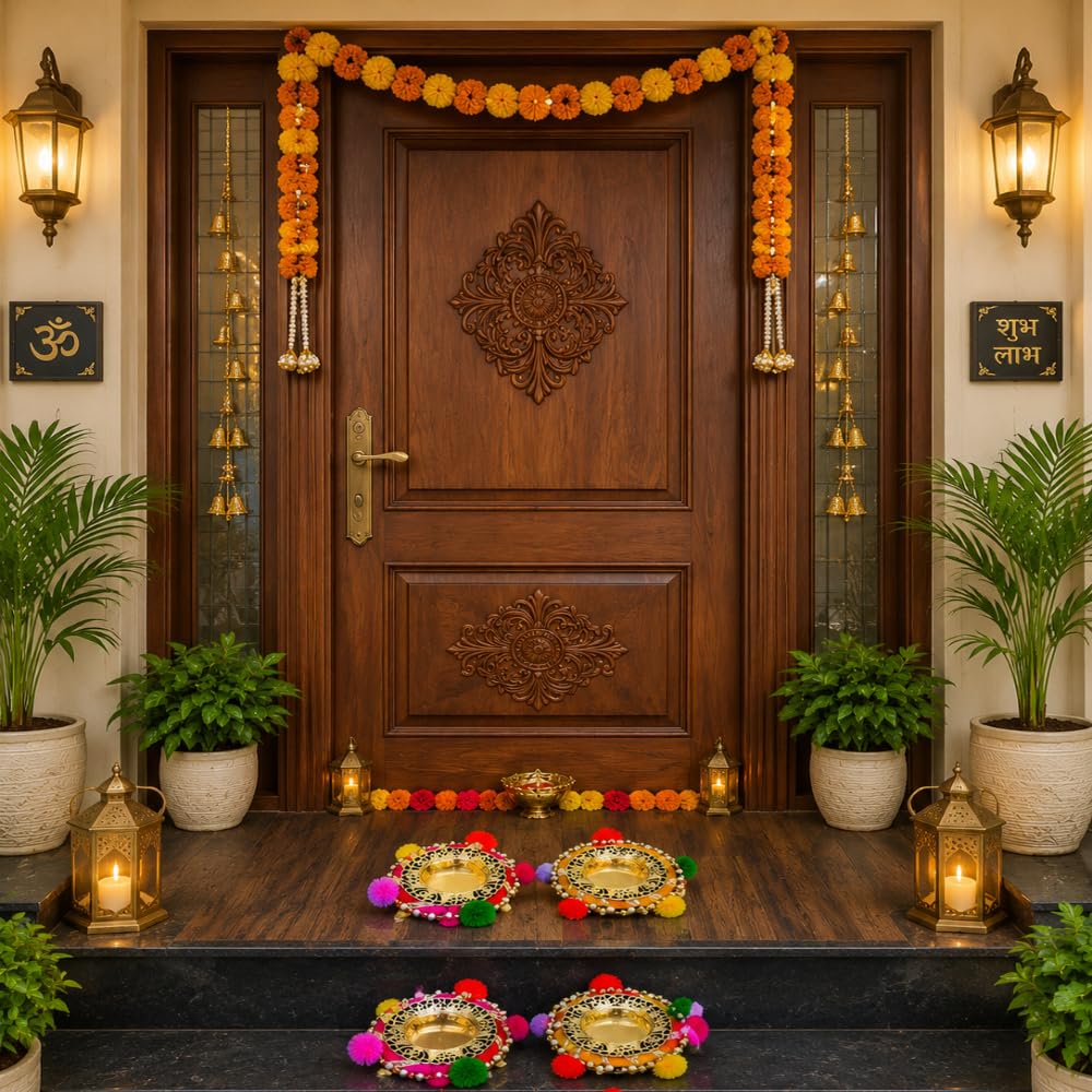 Sellplus Handmade Decorative Pom Pom Tealight Candle Holder Set with Golden Metal Design for Diwali Festival Pooja Room Entrance and Table Decoration (Tealight-173)