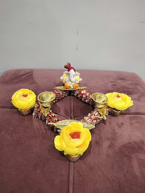 Lord Ganesha Idol on Decorative Handcrafted Peony Flower & Leaf Plate for Home Decoration & Ganesh Chaturthi Decoration(Pack Of 1) Tealight-64
