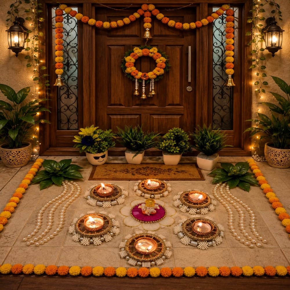 Sellplus Handmade Decorative Rangoli Set with Pearl Floral Design and Ganesh Center for Diwali Home Decoration Festival Decor Table Centerpiece and Pooja Decoration Set (Rang173)