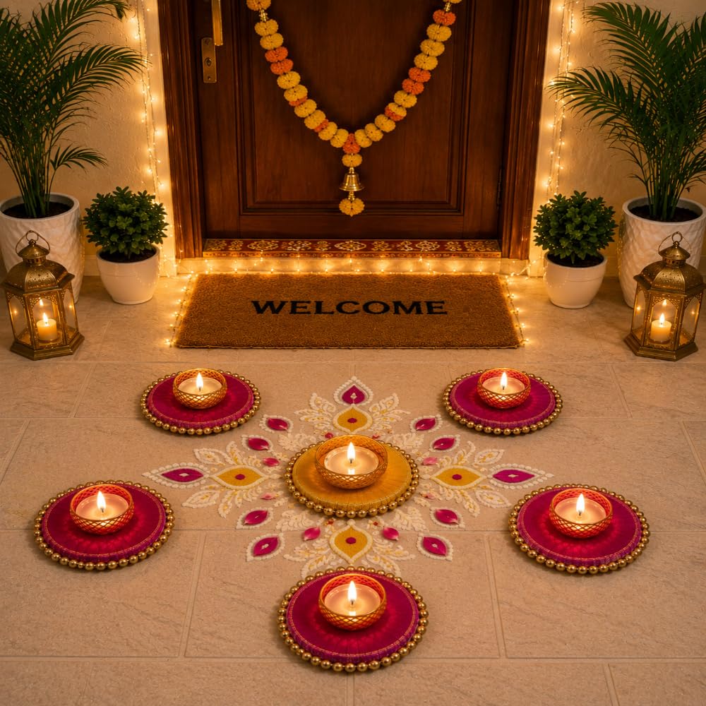 Sellplus Handcrafted Decorative Tealight Candle Holder Set for Diwali Pooja Rangoli Home Decoration Festive Table Decor Traditional Floating Diya Style Candle Stand with Golden Bead Work (Rang169)