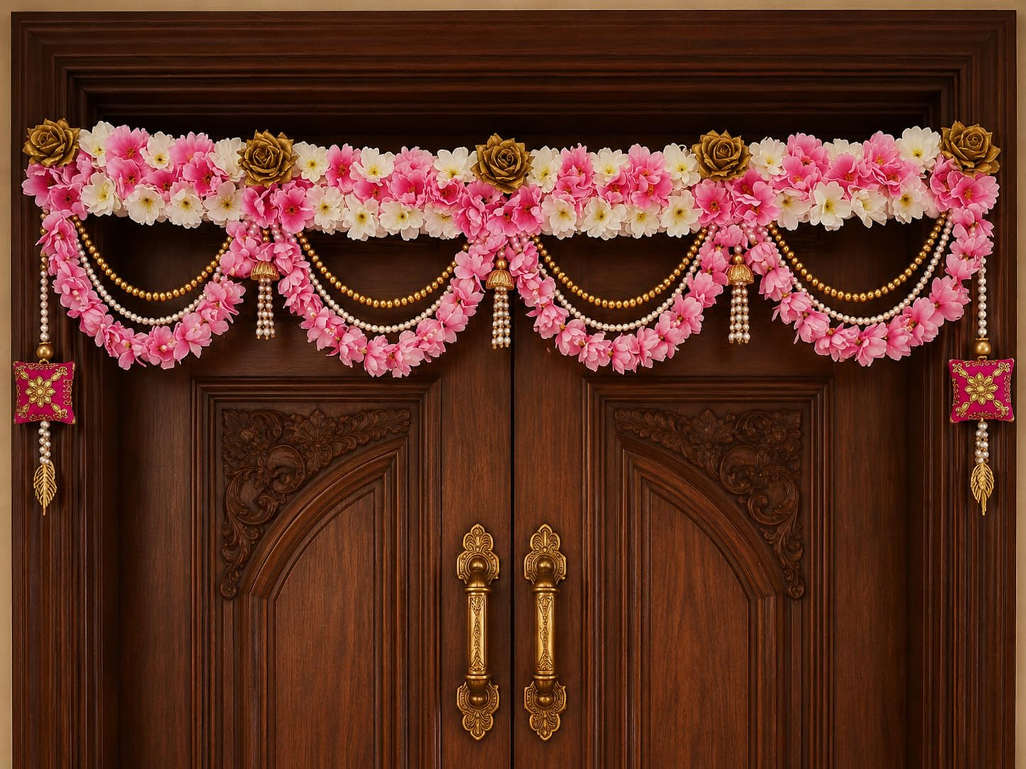 Sellplus Artificial Pink White Flower Pearl Beads Bandhanwar | Elegant Artificial Flower Beads Entrance Bandhanwar for Home Decoration (BDHW63)
