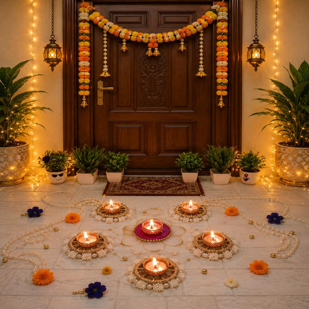 Sellplus Decorative Pearl Beaded Rangoli with Golden Border and Pink Yellow Fabric Base for Diwali Pooja Home Entrance Wedding Festival Decoration Candle Holder Set (Rang167)