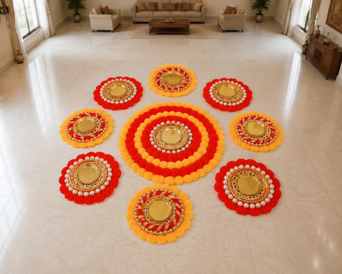 Sellplus Traditional Rangoli Tealight Set Decorative Festival Floor Decor for Diwali Navratri Pooja Wedding Home Entrance Reusable Elegant Design Set of 1 (Rang146)