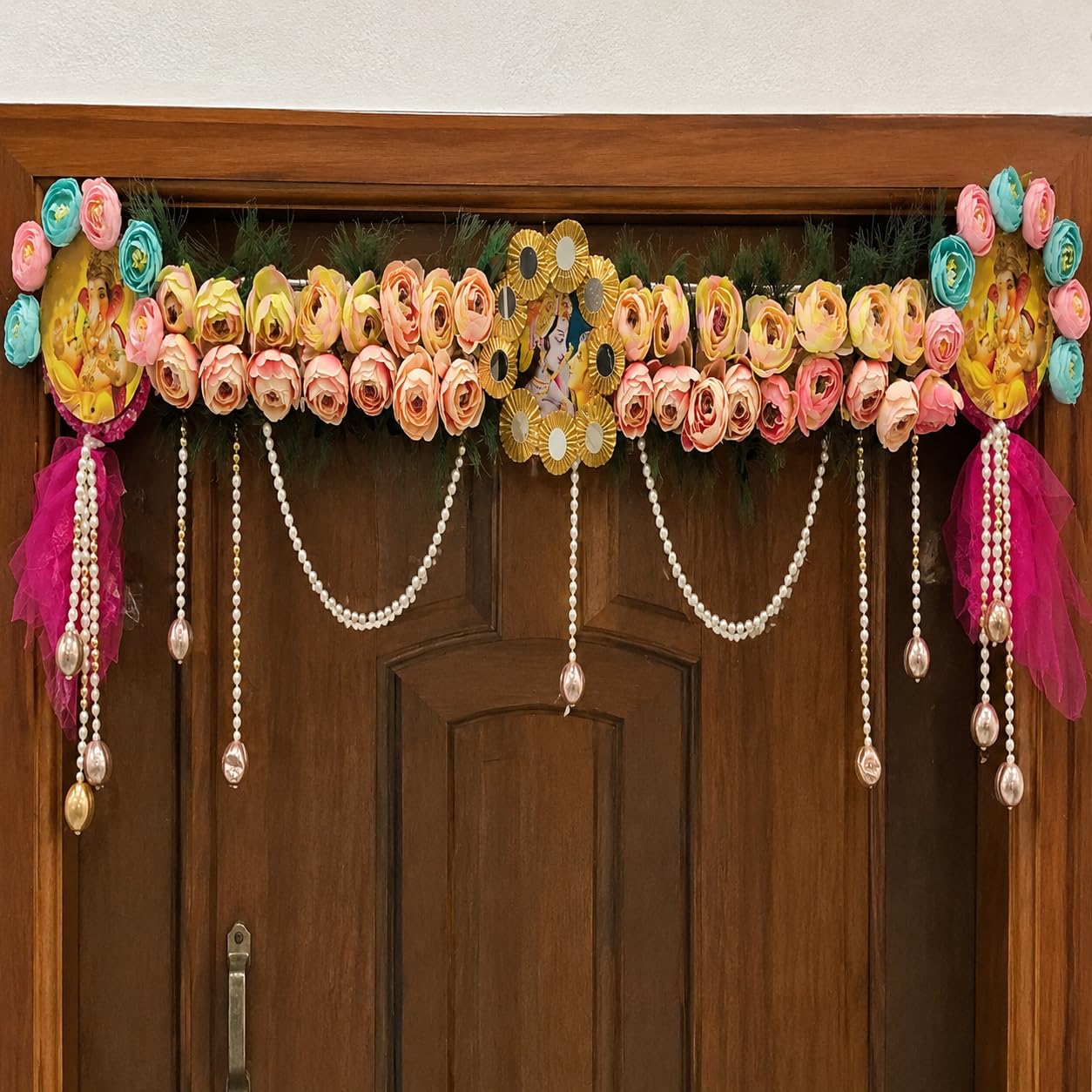 Sellplus Traditional Handmade Divine Artificial Flower Bandhanwar | Decoartive MDF Radha Krishna Floral Bandhanwar for Main Door Entrance and Welcoming Area (Pack of 1) (BDHW29)