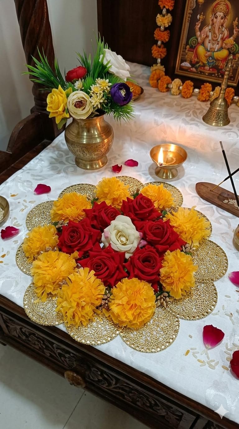Sellplus Decorative Candle Holder Elegant Handmade Golden Floral Lace Decorative Rangoli Style Mandala Centerpiece Artificial Flower Table Decor Wedding Festival Home Decoration(Tealight-26)