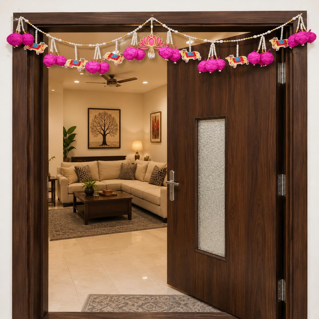 SellplusSellplus Handmade Pink Kamalkali Picheai Cow Lotus Pearl Beads Decorative Bandhanwar Traditional Main Door Toran for Home Pooja Festival Entrance Decor Pack of 1 (BDHW109)