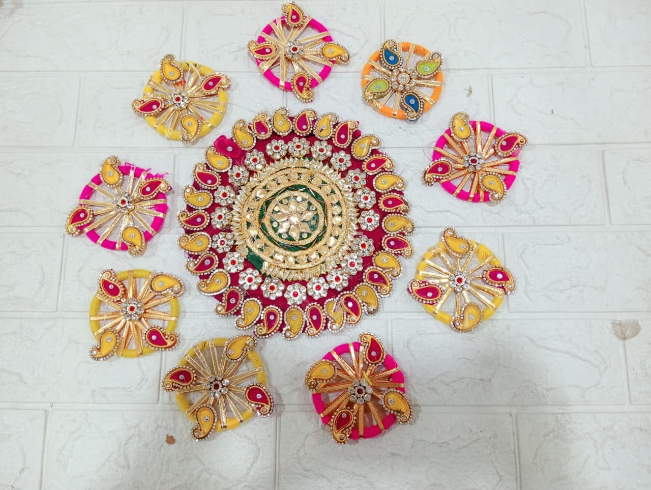 Sellplus Traditional Rangoli Tealight Set Decorative Festival Floor Decor for Diwali Navratri Pooja Wedding Home Entrance Reusable Elegant Design Set of 1 (Rang142)