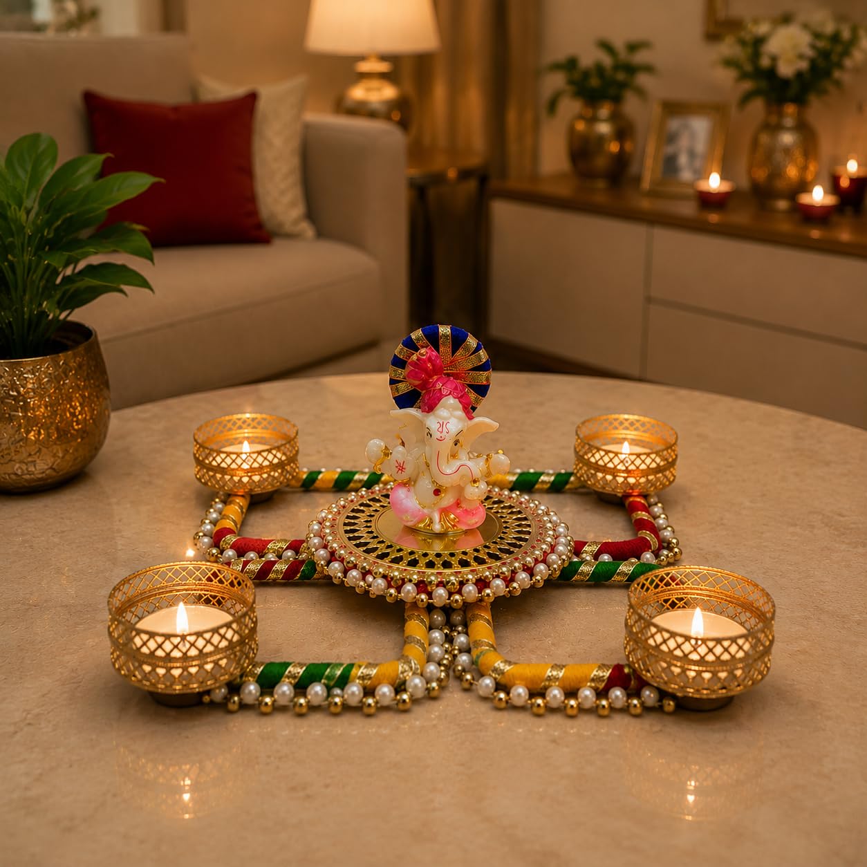 Sellplus Handcrafted Pearl Lace Tealight Candle Holder Decorative Diya Rangoli for Diwali Festival Pooja Home Entrance Floor Decoration(Pack of 1) (Tealight-67)