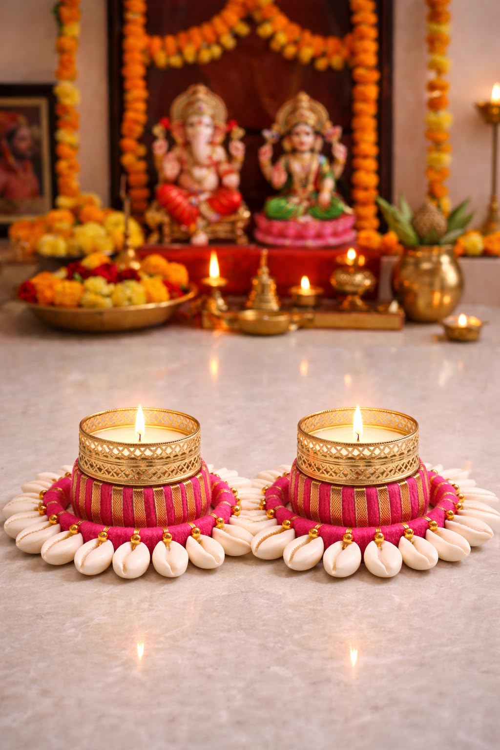 Sellplus Decorative Candle Holder Handcrafted Pink Lace Cowrie Shell Tealight Candle Holder Decorative Diya Stand for Diwali Festival Pooja Home Table Decoration(Tealight-38)