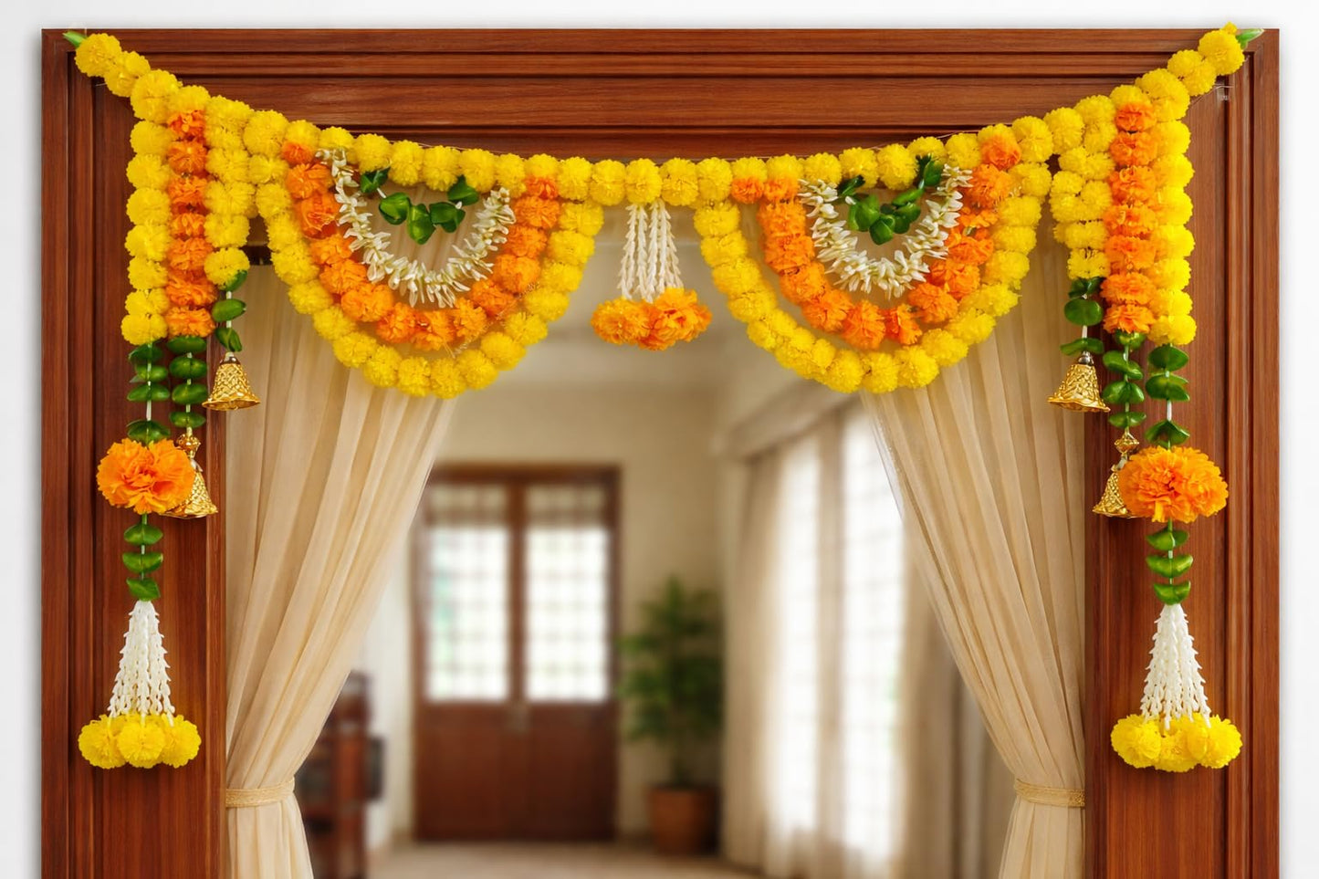 Sellplus Artificial Marigold Genda Flower Beads Decorative Bandhanwar Traditional Door Hanging Toran for Home Entrance Pooja Room Festival Decoration | Pack of 1 (BDHW279)