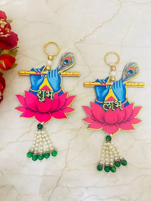 Nutts Handmade Multicolour Decorative Krishna Ji Hanging Shubh-Labh Hanging Lotus Hanging for Decoration Toran for Home and Festive Decor (SMALL561)
