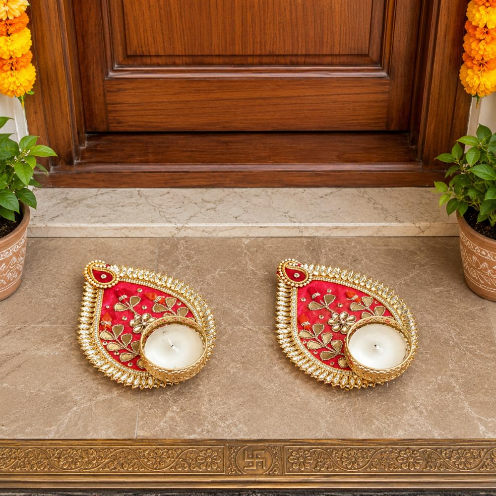 Sellplus Handmade Decorative Diya Shape Tealight Candle Holder with Golden Lace Embroidery Traditional Diwali Festival Home Decor Tea Light Stand Pack of 2 (Tealight-151)