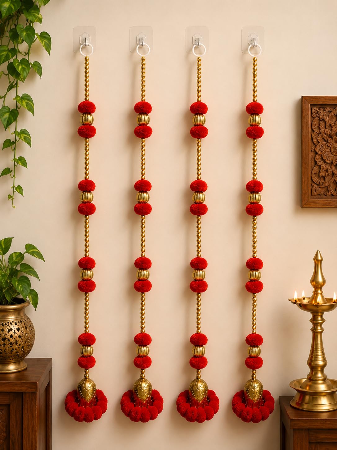Nutts Handmade Decorative Multicolour Pom-Pom Beads Toran for Decoration | Pom-Pom Beads Bell Toran (PMPMT13-2)