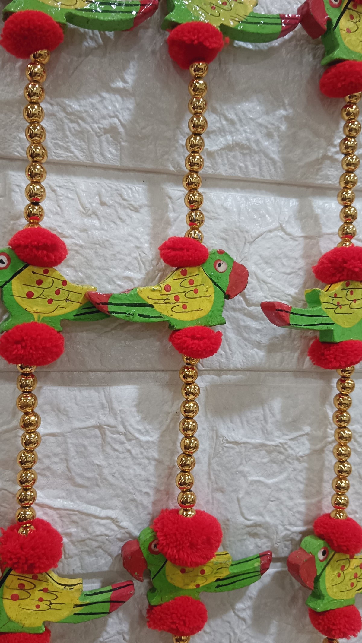 Nutts Handmade Decorative Wooden Parrot Toran | Traditional Pom-Pom Beads Bell Toran | Hanging for Home Entrance and Main Door Decoration (PMPMT101)