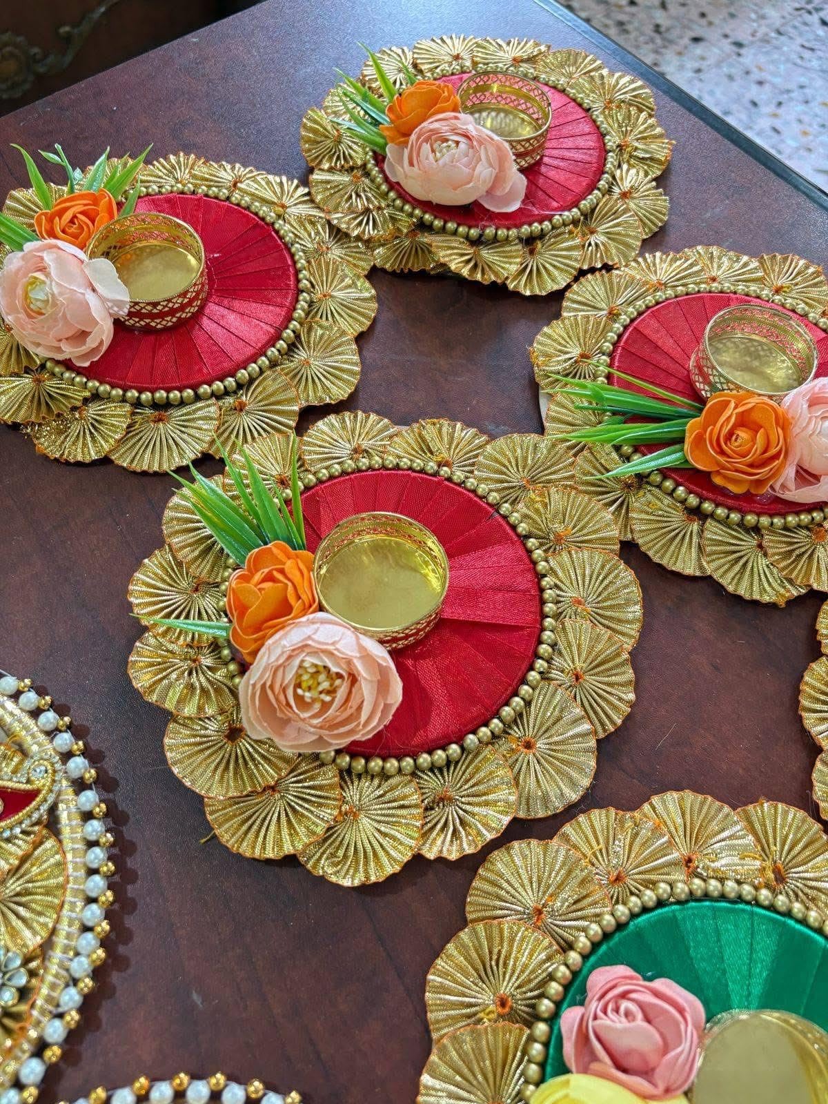 Sellplus Decorative Gota Chakri with Peony Tealight Holder | Decoration for Home | Office | Diwali | Pooja | Diwali & All Special Festival Decor (Tealight-178) (Pack of 2)