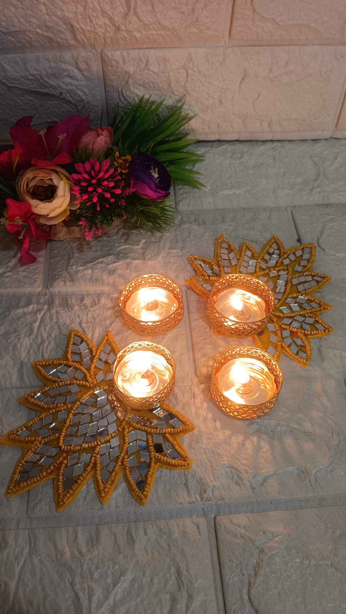 Sellplus Decorative Mirror Yellow Patch Tealight Holder | Decoration for Home | Office | Diwali | Pooja | Diwali & All Special Festival Decor (Design 21) (Pack of 2)(Tealight-130-3)