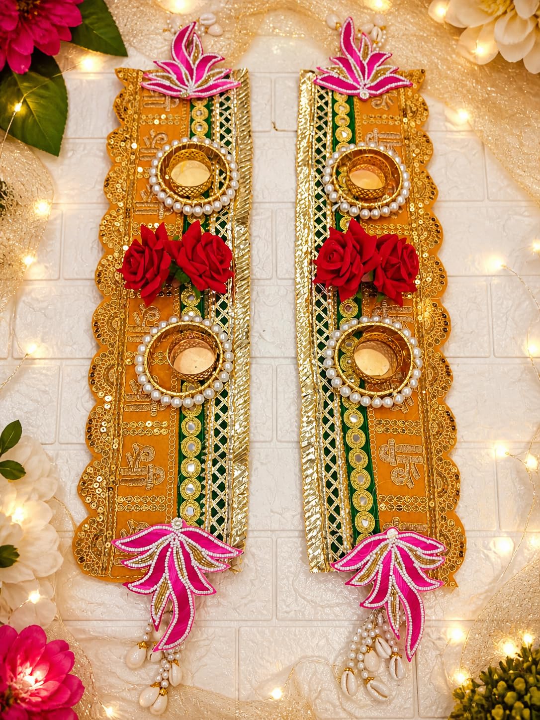 Sellplus Handcrafted Gota Patti Tea Light Holders or Floral Mesh Tea Light Diya Holders. Handmade Fabric & Bead Decorative Tealight Holder for Festival Puja Rangoli Decoration (Tealight-223)