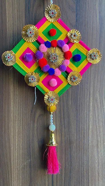 Decorative Woolen Kite with Pom Poms & Gota Ball Latkan Hanging for Home Decor | Decorative Hanging Wedding,Home,Office, Festivals is Very Useful (Pack of 2) (Design 2)