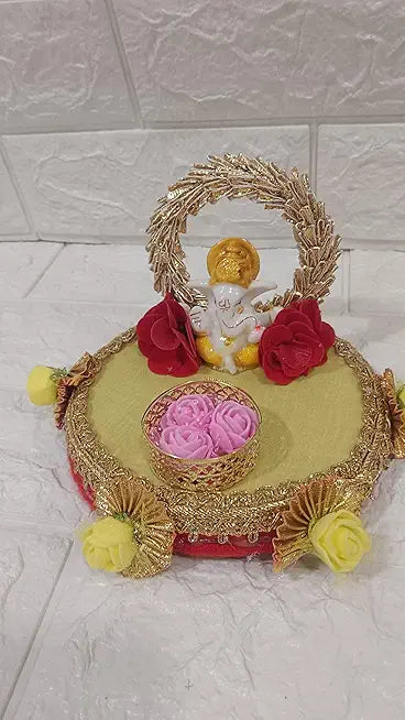 Decorative Traditional Ganesh Ji Idol on Floral Gota Base Plate with Flowers for Pooja/Car Dashboard/Aarti Thali/Bhog Thali| Diwali/Ganesh Chaturthi Platter for Decoration (Tealight-119)