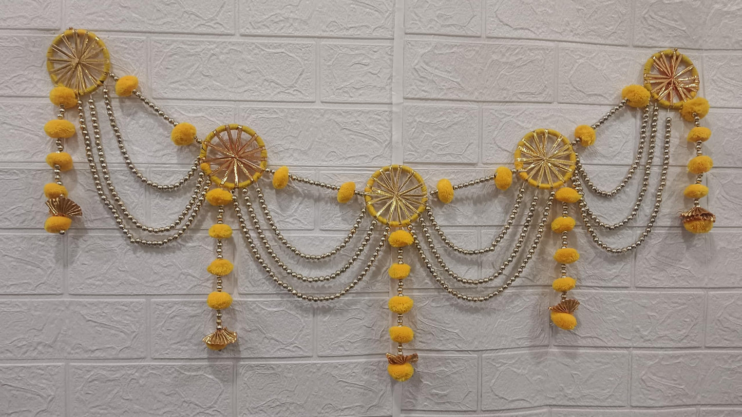 Sellplus Decorative Handcrafted Pom-Pom Beads Bandhanwar | Traditional Jaal Chudi Bell Pom-Pom Multicolour Bandhanwar for Main Door Decoration (Pack of 1) (BDHW499-1 (Yellow))