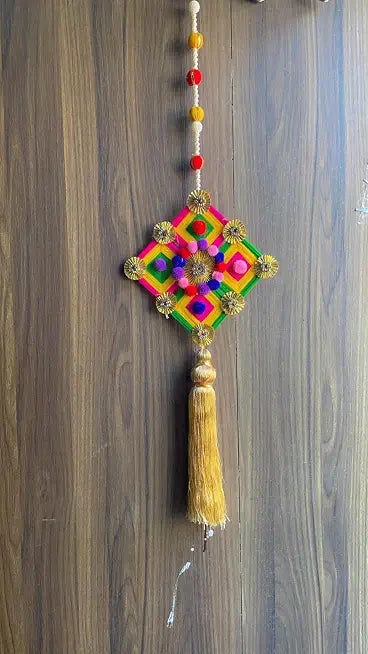 Decorative Woolen Kite with Pom Poms & Gota Ball Latkan Hanging for Home Decor | Decorative Hanging Wedding,Home,Office, Festivals is Very Useful (Pack of 2) (Design 1)