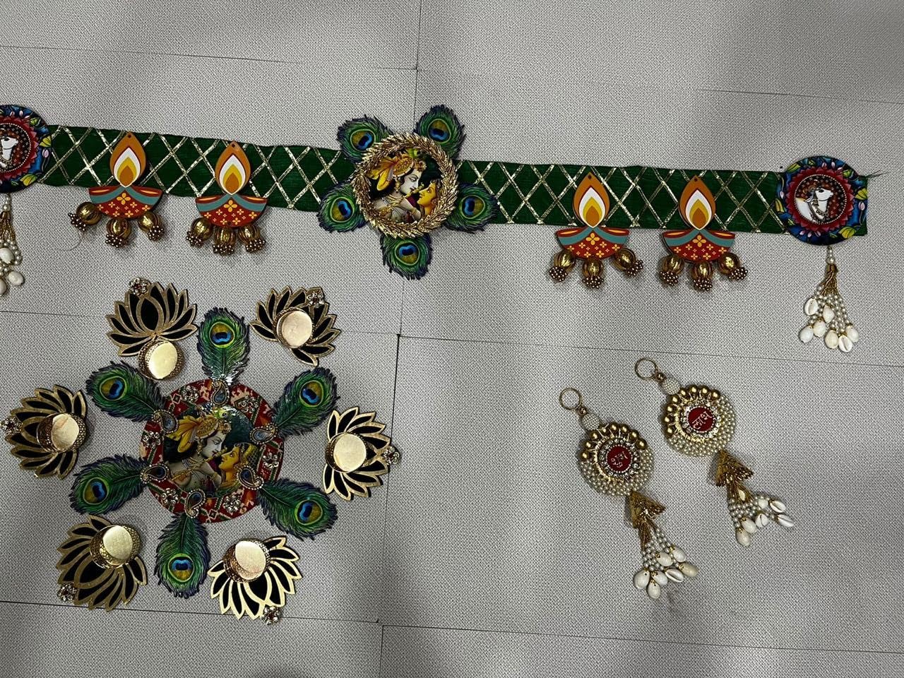 Sellplus Handmade Radha Krishna Peacock Bandhanwar Toran | Rangoli Tea Light Holder and Pair of Decorative Latkan Hanging | Main Door Entrance Decoration (Set of 1) (BDHW01)
