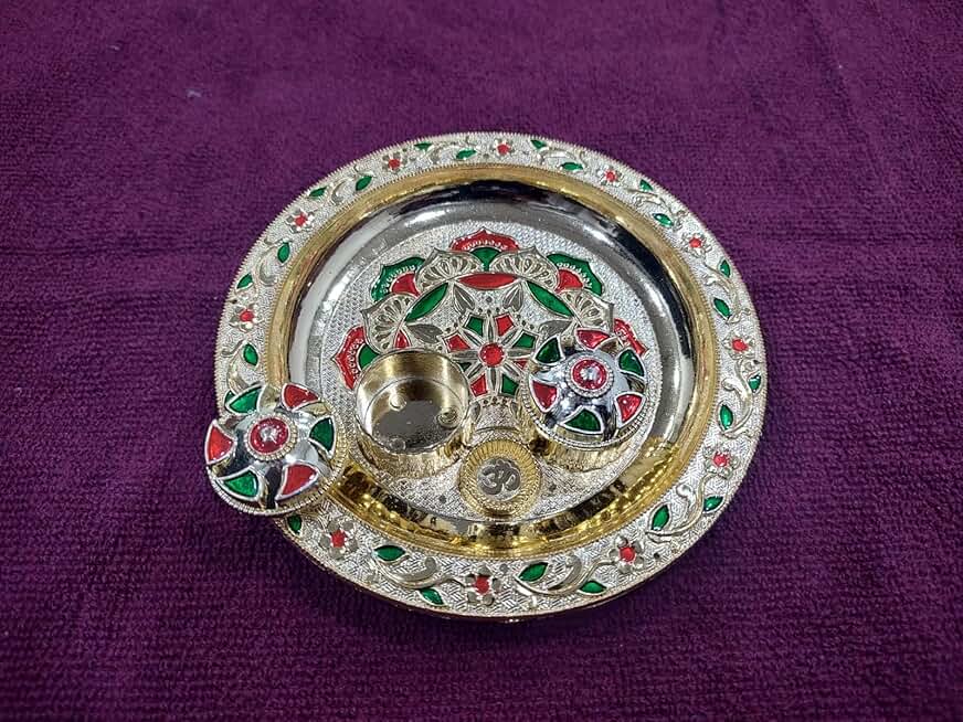 Round Decorative Traditional Pooja Plater, Sindoor Dibbi for Rakhi Rakshabandhan, Tilak with Kumkum,Haldi Holder Decorative Plater (2)