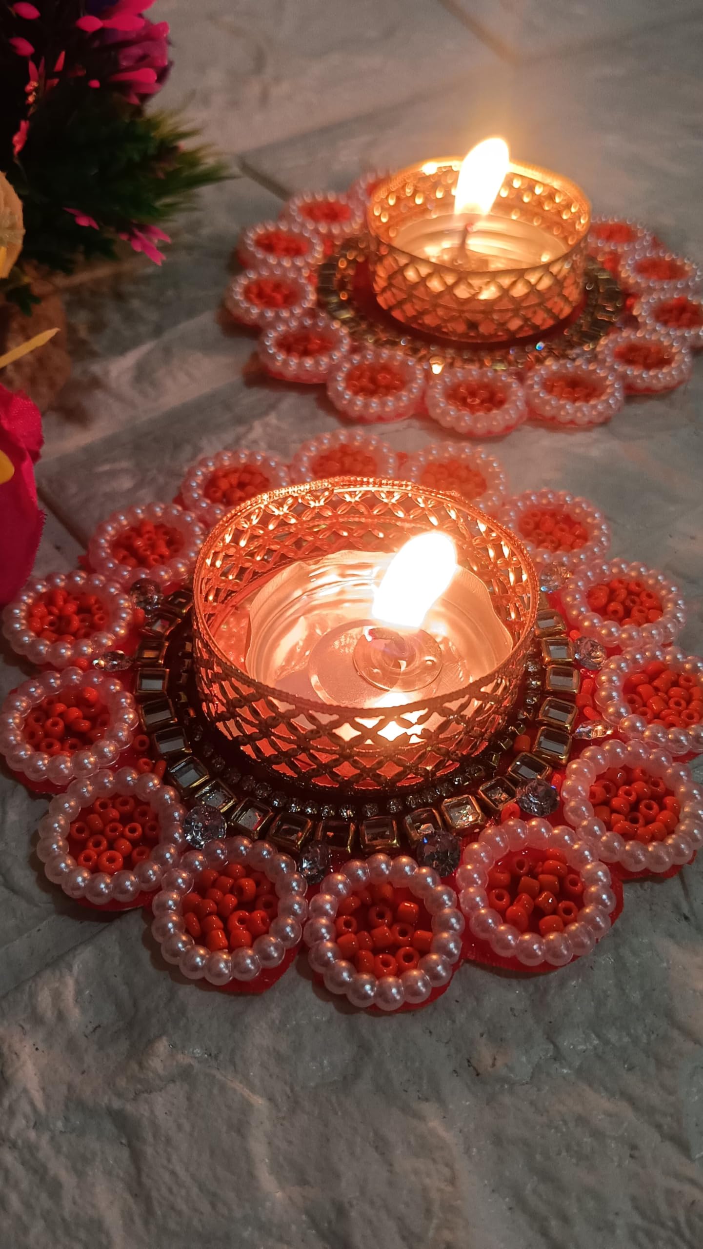 Sellplus Decorative Beads Patch Tealight Holder | Decoration for Home | Office | Diwali | Pooja | Diwali & All Special Festival Decor (Orange) (Design 23) (Pack of 2)(Tealight-167-1)