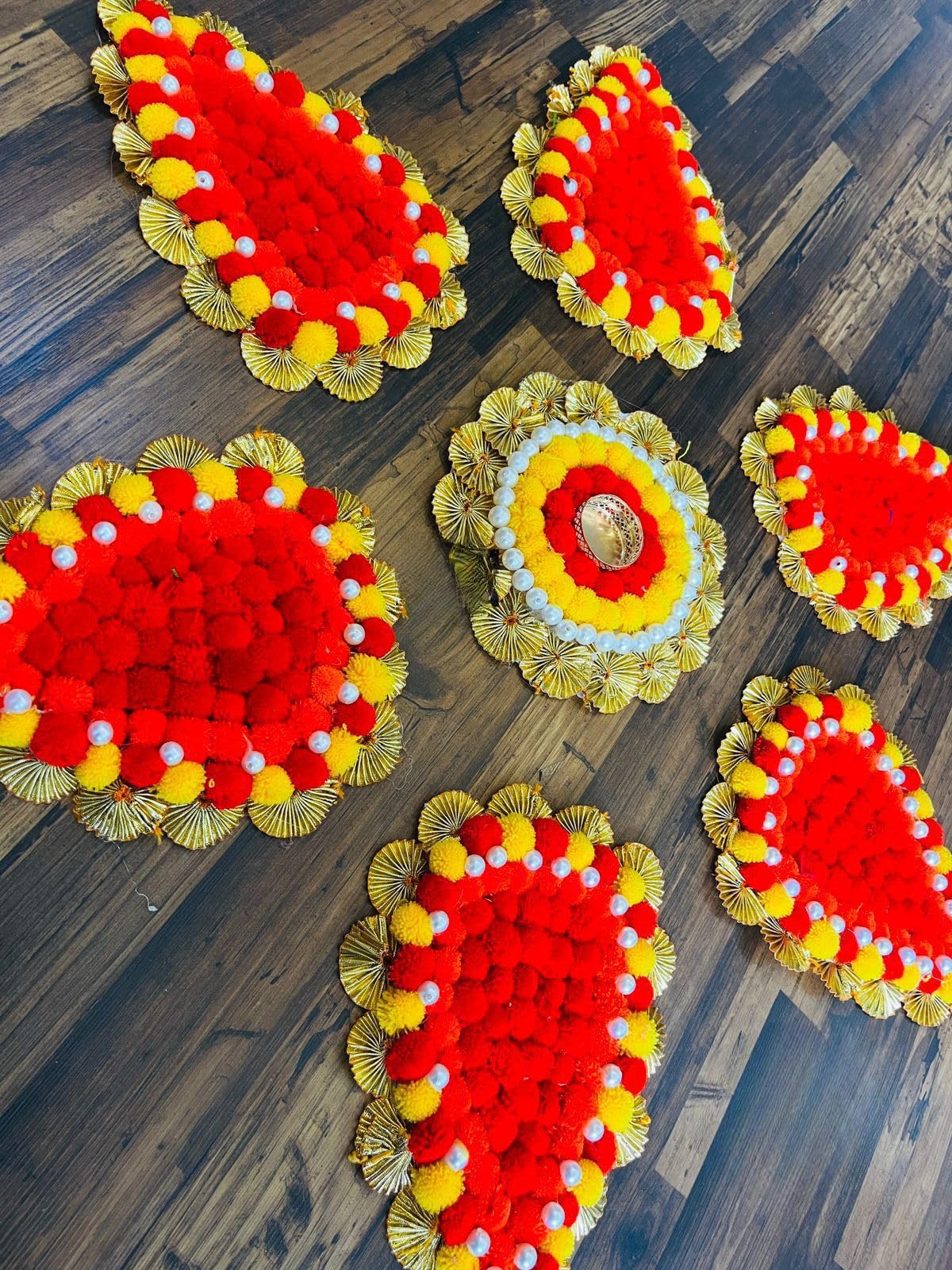 Decorative Rangoli Set with Tealight Holder | Diwali Gift Diya | Decoration for Home | Office | Pooja | Diwali & All Special Festival Decor | Multi Pom Pom Gota Chakri Mat Rangoli Tealight (Rang197)