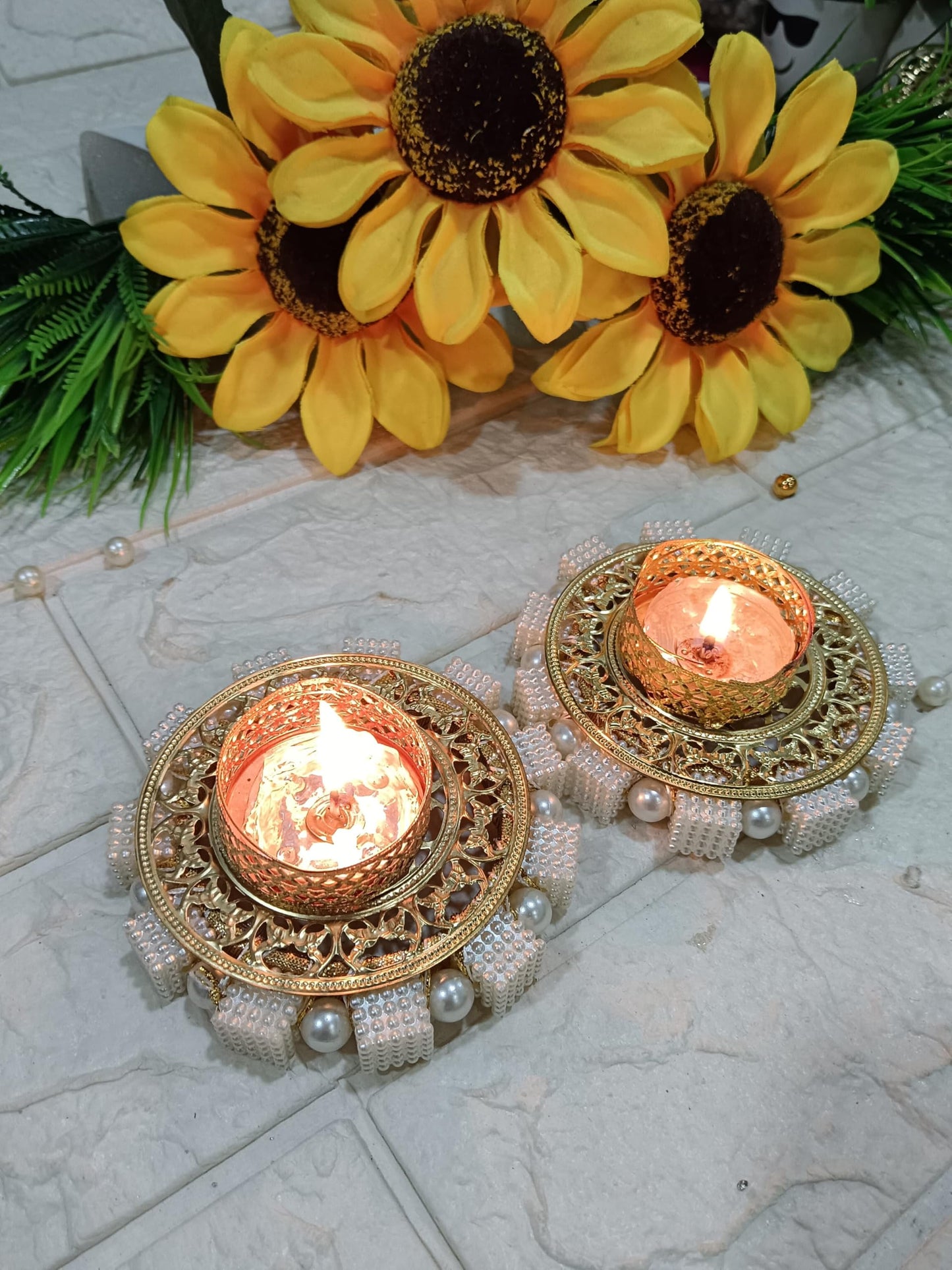 Sellplus Handcrafted Decorative Tealight Holder with Pearl Detailing and Antique Gold Finish for Festive & Wedding Use (Pack of 2) (Tealight-218)