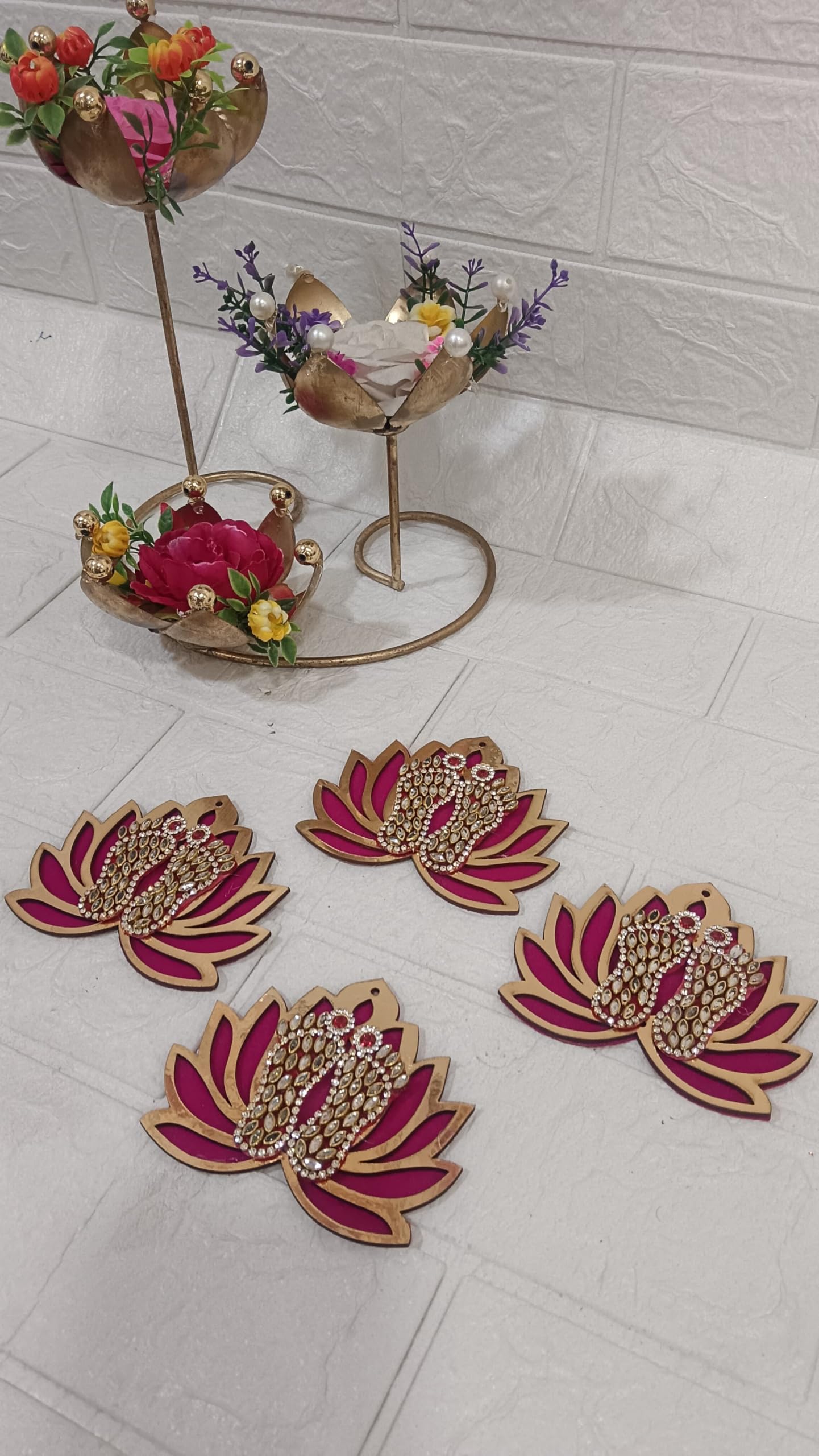 Sellplus Decorative Lotus Laxmi Charan Wall Hanging Traditional Festival Pooja Mandir Home Decor Stone Work MDF Auspicious Religious Decorative Accent (Pack of 4) (Tealight-116)