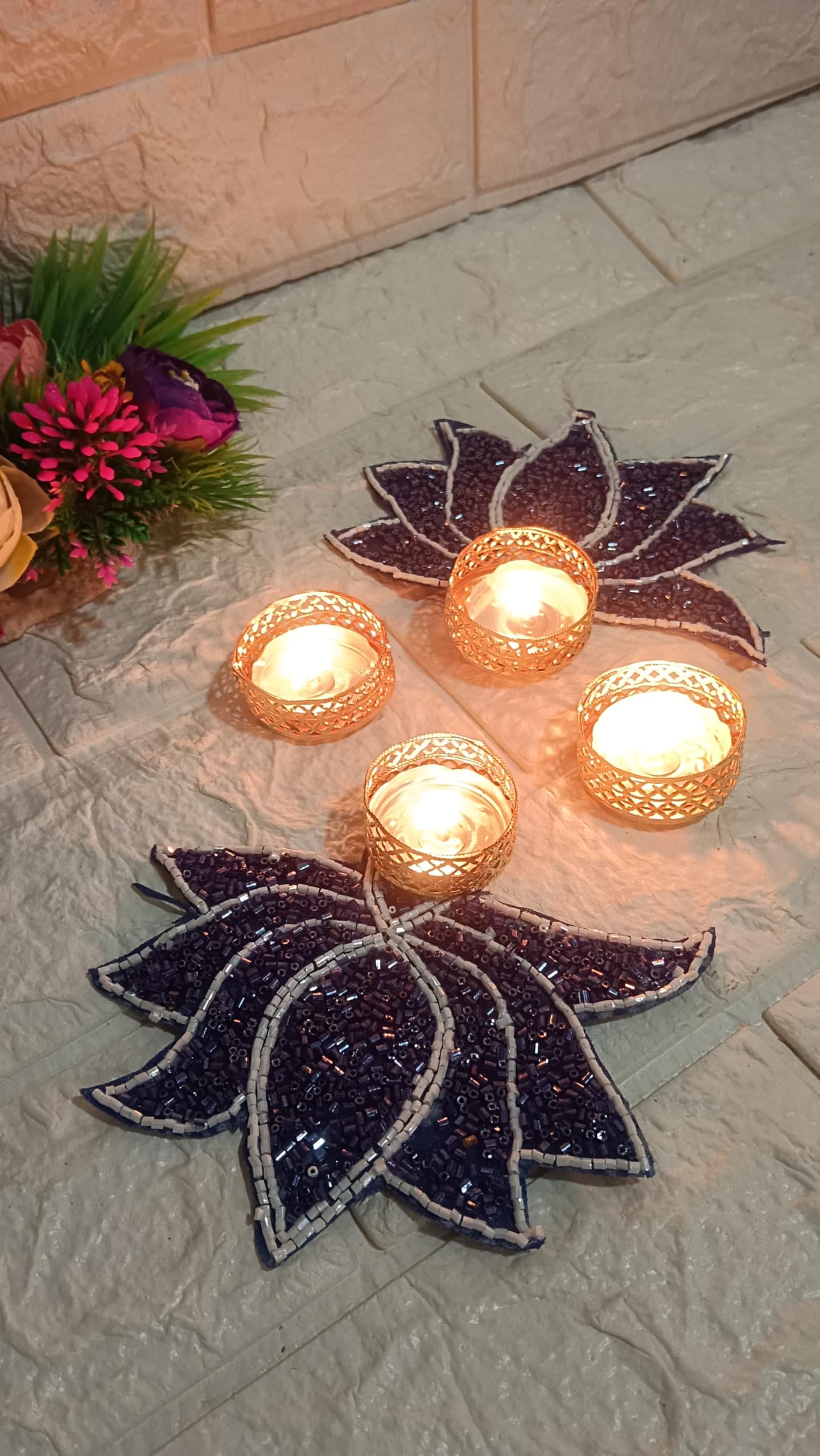 Sellplus Decorative Blue Lotus Patch Tealight Holder | Decoration for Home | Office | Diwali | Pooja | Diwali & All Special Festival Decor (Design 16) (Pack of 2)(Tealight-129-3)