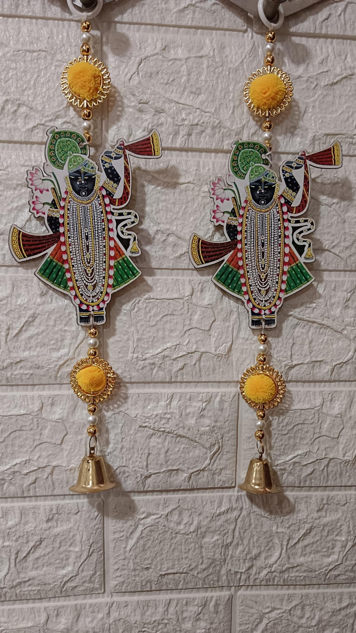 Nutts Decor Shri Nath Ji Door Hanging Toran with Pearl Beads, Golden Bell,Yellow Pom pom Traditional Door Decoration Item for Home on Dewali,Holi, Housewarming and Wedding (Pack of 4)